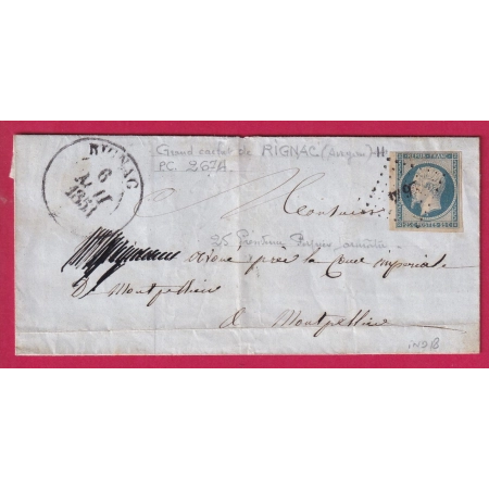 N°10 BDF PC 2674 CAD TYPE 13 RIGNAC 1853 AVEYRON POUR MONTPELLIER INDICE 18 LETTRE COVER FRANCE
