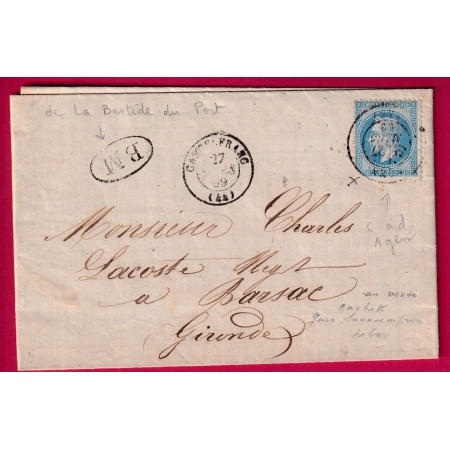 N°29 TYPE 15 CASTELFRANC LOT BM BOITE MOBILE LA BASTIDE DU PORT CAD TYPE 17 AGEN POUR BARSAC GIRONDE LETTRE COVER FRANCE