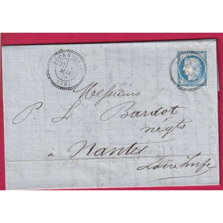 N° 60 CAD TYPE 24 BOURNEZEAU VENDEE POUR NANTES LETTRE COVER FRANCE ETIQUETTE PUB AU DOS