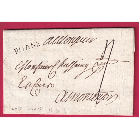 MARQUE ROANNE LOIRE LENAIN N°2 INDICE 10 1750 POUR MONTBRISON  LETTRE COVER FRANCE