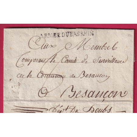 MARQUE ARMEE DU BAS RHIN 1ER BATAILLON DU RHONE BEAU CACHET DE CIRE POUR BESANCON DOUBS LETTRE COVER FRANCE