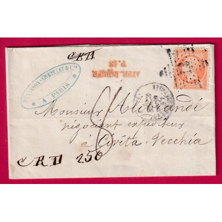 N°23 PARIS ETOILE 13 HOTEL DE VILLE TAXE 8 AFFR INSUFF P13 POUR CIVITA VECCHIA LETTRE COVER FRANCE
