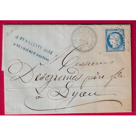 N°60 GC 2934 LE PONT DE LABEAUME ARDECHE CAD TYPE 24 POUR LYON LETTRE COVER FRANCE