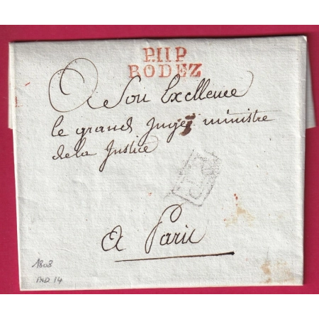 MARQUE P11P RODEZ AVEYRON EN ROUGE 1808 INDICE 14 PP ENCADRE POUR PARIS LETTRE COVER FRANCE