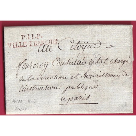 MARQUE P11P VILLEFRANCHE DE ROUERGUE AVEYRON EN ROUGE 1803 POUR PARIS INDICE 14 LETTRE COVER FRANCE