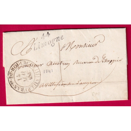 CURSIVE 44 LIMOGNE LOT 1841 T13 VILLEFRANCHE DE ROUERGUE AVEYRON TAXE LOCALE SUR 2 DEPARTEMENTS LETTRE COVER FRANCE