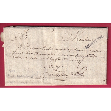 MARQUE MONTLUEL AIN 1789 TEXTE FARAMANS LENAIN N°1 INDICE 13 POUR BELLAY LETTRE COVER FRANCE