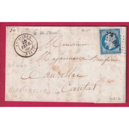 N°14 PC 150 ASPRIERES AVEYRON BOITE RURALE SUPPLEMENTAIRE C2 LA SALLE AURILLAC CANTAL LETTRE COVER FRANCE