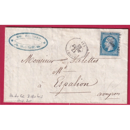 N°22 PC DU GC 3180bis RODEZ AVEYRON 1863 POUR ESPALION INDICE 20 LETTRE COVER FRANCE