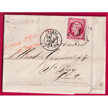N°24 PARIS ETOILE 4 R D'ENGHIENS POUR STE FOY GIRONDE 1864 LETTRE COVER FRANCE