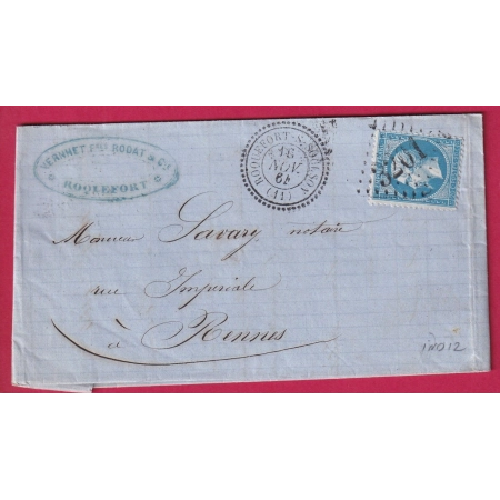 N°22 GC 3201 ROQUEFORT S SOULZON AVEYRON CAD TYPE 22 INDICE 12 POUR RENNES ILLE ET VILAINE LETTRE COVER FRANCE