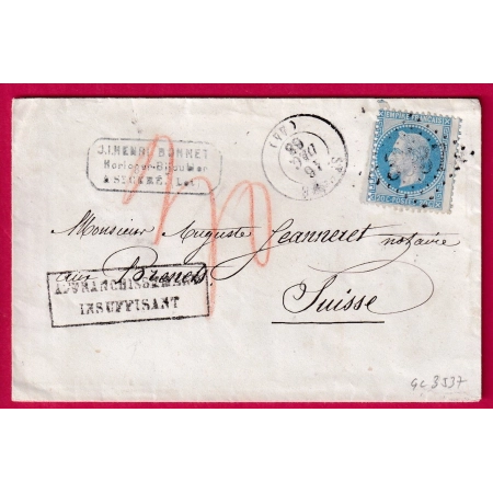 N°29 GC 3537 ST CERE LOT TAXE SUISSE 30 AU CRAYON AFFRANCH INSUFFISANT POUR BRENETS SUISSE LETTRE COVER FRANCE