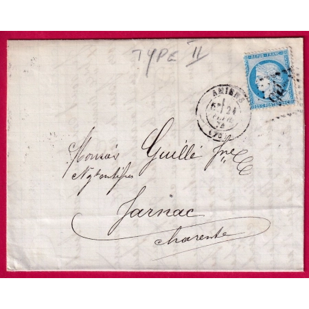 N°60B TYPE II GC 85 AMIENS SOMME POUR JARNAC CHARENTE LETTRE COVER FRANCE