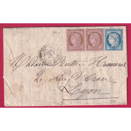 N°54 PAIRE + N°60 PARIS ETOILE 1 PL DE LA BOURSE POUR LYON TARIF 5C EN TROP DOUBLE PORT 1875 LETTRE COVER FRANCE