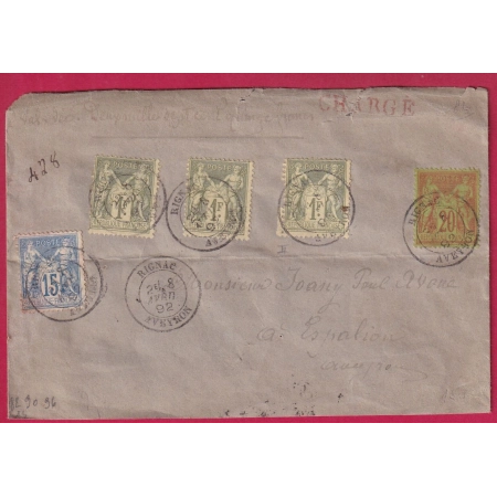 N°82 X3 90 96 RIGNAC AVEYRON 1892 POUR ESPALION LETTRE CHARGE COVER FRANCE