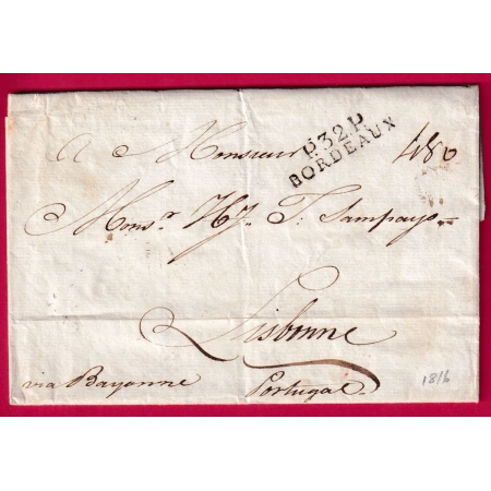 MARQUE P32P BORDEAUX GIRONDE POUR LISBONNE PORTUGAL 1816 TAXE PORTUGAISE 480 LETTRE COVER FRANCE