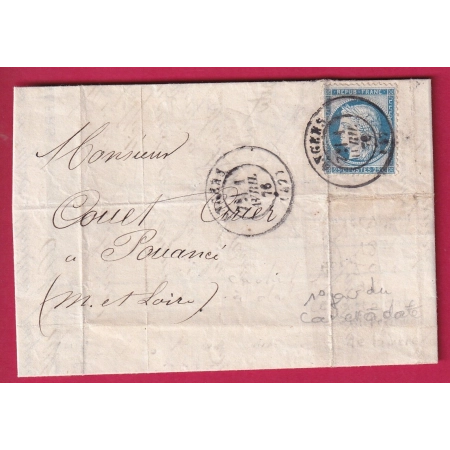 N°60 1ER JOUR DU CACHET A DATE 1 AVRIL 1876 ANGERS MAINE ET LOIRE POUR POUANCE LETTRE COVER FRANCE