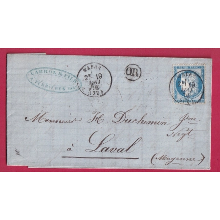 N°60 CAD TYPE 16 VABRES TARN OR FERRIERES POUR LAVAL MAYENNE LETTRE COVER FRANCE