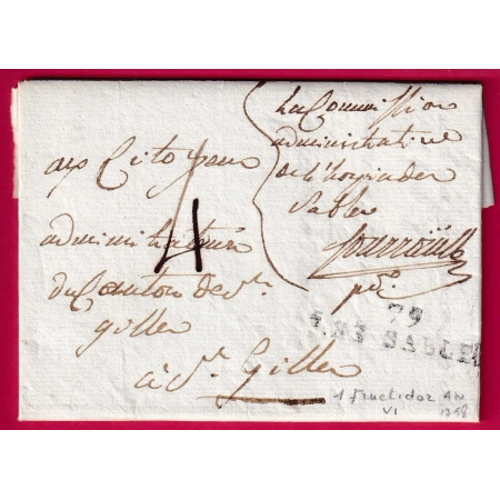 MARQUE 79 LES SABLES VENDEE COMMISSION ADMIN DES HOSPICES AN 6 1798 POUR ST GILLES SUR VIE LETTRE COVER FRANCE