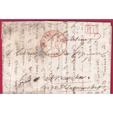 CAD TYPE 12 TARTAS LANDES EN ROUGE + PP POUR AVRANCHE MANCHE 1832 INDICE 11 LETTRE COVER FRANCE