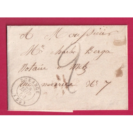 CAD TYPE 15 UCKANGE MOSELLE TAXE TAMPON 2 POUR METZ 1850 LETTRE COVER FRANCE