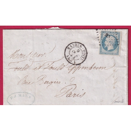 N°14 BLEU LAITEUX NANTES BOITE AMB 1 LOSANGE NP 1854 POUR PARIS INDICE 17 LETTRE COVER FRANCE