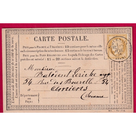N°55 CAD TYPE 18 ST QUENTIN AISNE 1876 POUR AMIENS SOMME CARTE PRECURSEUR LETTRE COVER FRANCE