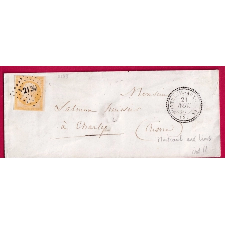 N°13 PC 2139 MONTREUIL AUX LIONS AISNE CAD TYPE 22 POUR CHARLY AISNES LETTRE COVER FRANCE