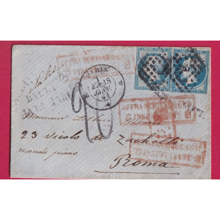 N°14 X2 PARIS BUREAU E POUR ROME ROMA ITALIE TAXE TAMPON 20 VIA CIVITA VECCHIA AFFR INSUF FRAPPEE 3 FOIS LETTRE FRANCE