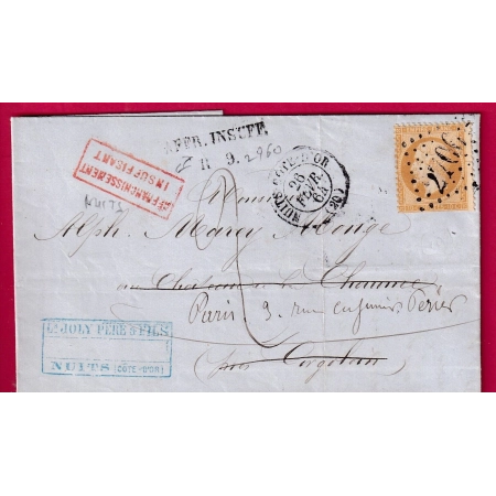 N°21 GC 2706 NUITS COTE D'OR RAXE MANUSCRIT 2 RAYON 9 + AFFRANCHISSEMENT INSUFFISANT PARIS  LETTRE COVER FRANCE