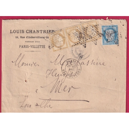 N°55 BANDE DE 3 + 60 PARIS ETOILE 26 GARE DU NORD POUR MER LOIR ET CHER 1875 LETTRE COVER FRANCE