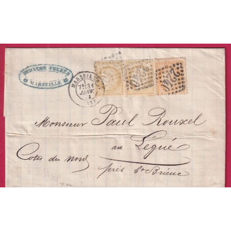 N°38 59 PAIRE GC 2240 MARSEILLE POUR LEGUE COTES DU NORD 1873 LETTRE COVER FRANCE