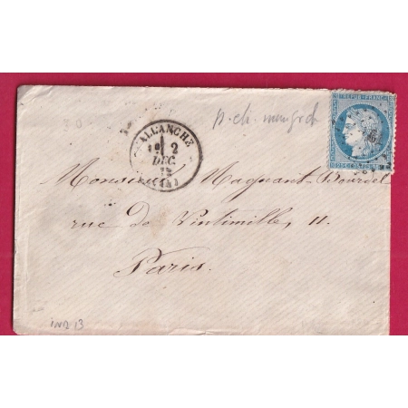 N°60 PC DU GC 61 ALLANCHE CANTAL POUR PARIS CAD TYPE 16 1872 INDICE 13 LETTRE COVER FRANCE