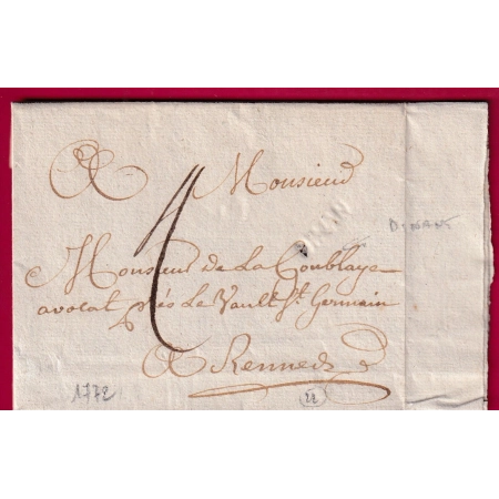 MARQUE A SEC DINAN COTES DU NORD 1772 LENAIN  N°3 POUR RENNES LETTRE COVER FRANCE