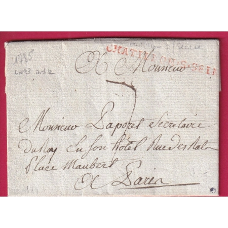 MARQUE CHATILLON SUR SEINE 1785 COTE D'OR EN ROUGE LENAIN N°3 INDICE 12 POUR PARIS LETTRE COVER FRANCE