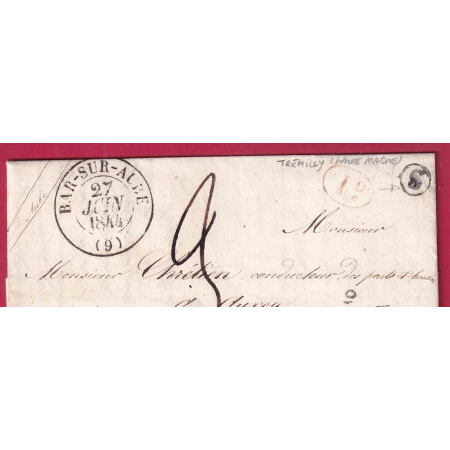 CURSIVE 9 VILLE SUR TERRE CAD TYPE 13 BAR SUR AUBE BOITE RURALE S TREMILLY HAUTE MARNE + DECIME RURAL POUR AUXON LETTRE