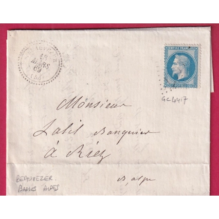 N°29 GC 4417 BAUVEZER BASSES ALPES CAD TYPE 22 POUR RIEZ INDICE 16 LETTRE COVER FRANCE