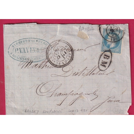 N°29 BUREAU DE PASSE 1308 DIJON CAD TYPE 24 BRAZEY EN PLAINE COTE D'OR + BOITE MOBILE DEVANT DE LETTRE COVER FRANCE