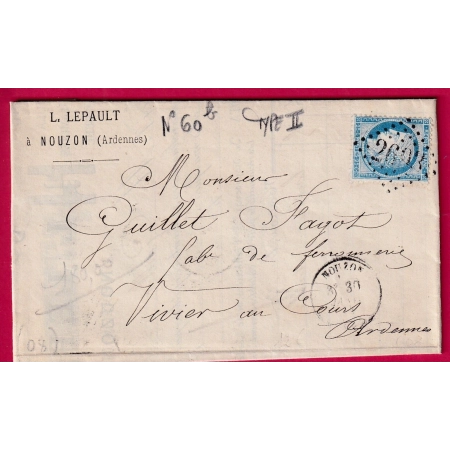 N°60B TYPE II GC 2693 NOUZON ARDENNES POUR VIVIERS EN COURS LETTRE COVER FRANCE