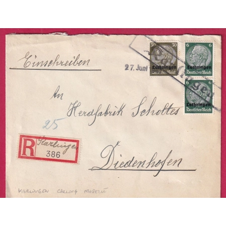 ALSACE LORRAINE LOTHRINGEN KARLINGEN CARLING MOSELLE 1941 POUR THIONVILLE DIEDENHOFEN LETTRE COVER FRANCE