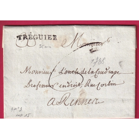 MARQUE TREGUIER COTES DU NORD 1788 INDICE 15 LENAIN N°3 POUR RENNES LETTRE COVER FRANCE