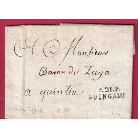MARQUE P21P GUINGAMP COTES DU NORD 1807 INDICE 12 POUR QUINTIN LETTRE COVER FRANCE