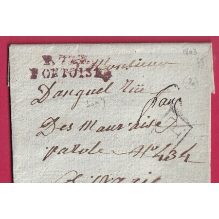 MARQUE P72P PONTOISE EN ROUGE SEINE ET OISE POUR PARIS INDICE 20 AN 11 1803 LETTRE COVER FRANCE