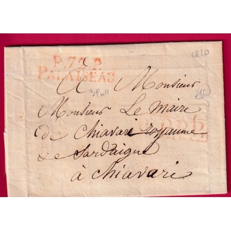 MARQUE P72P PALAISEAU SEINE ET OISE EN ROUGE POUR CHIAVARI ITALIE ITALIA 1820 LETTRE COVER FRANCE