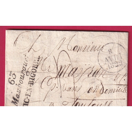 DOUBLE CURSIVE 63 MAUBOURGUET VIC EN BIGORRE HAUTE PYRENEES 1829 INDICE 18 POUR TOULOUSE LETTRE COVER FRANCE