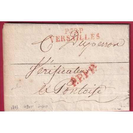 MARQUE P72P VERSAILLES SEINE ET OISE EN ROUGE POUR PONTOISE 1803 INDICE 10 LETTRE COVER FRANCE