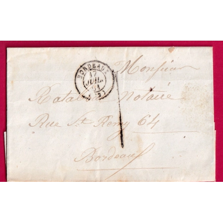 TAXE 1 DE FABRICATION LOCALE TAMPON BORDEAUX GIRONDE 1851 POUR BORDEAUX LETTRE COVER FRANCE