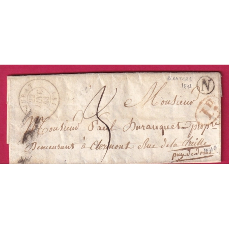 CAD TYPE 15 MURAT CANTAL BOITE RURALE N REZATERS ?? 1843 DECIME RURAL CLERMONT FERRAND PUY DE DOME LETTRE FRANCE