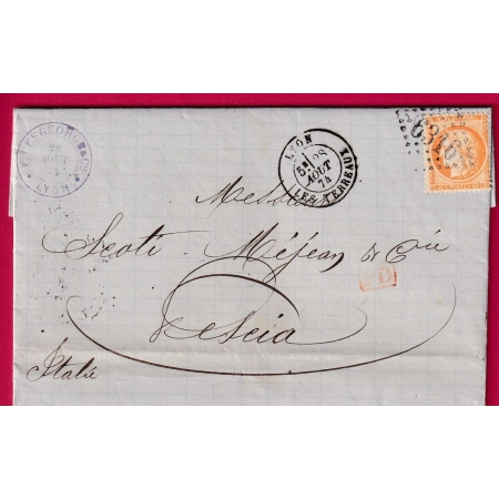 N°38 GC 6316 LYON LES TERREAUX RHONE POUR PESCIA ITALIE ITALIA AU DOS AMBULANT MODANE TURINO LETTRE COVER FRANCE