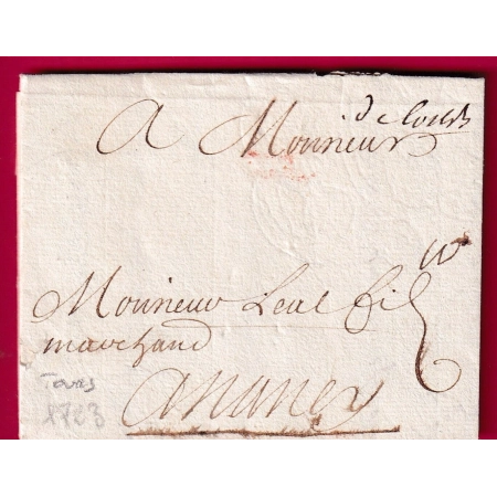 MARQUE MANUSCRIT DE TOURS INDRE ET LOIRE 1723 POUR NANCY MEURTHE ET MOSELLE INDICE 13 LETTRE COVER FRANCE